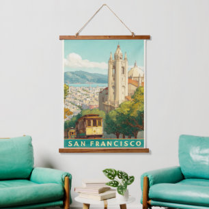 San Francisco Vintage Travel Poster Wandteppich Mit Holzrahmen