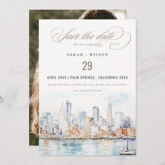 San Francisco Watercolor Landscape Photo Wedding Save The Date (Vorne/Hinten)