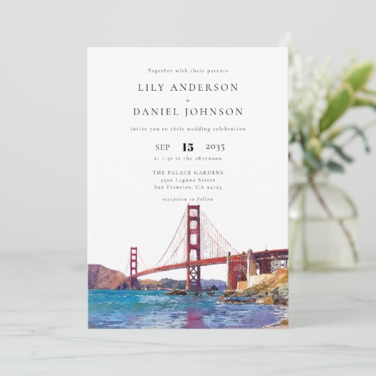 San Francisco Watercolor QR Code Wedding Einladung (Stehend Vorderseite)