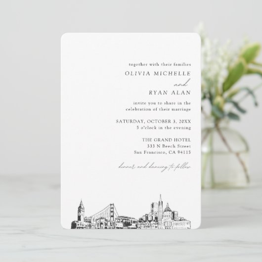 San Francisco Wedding Elegante Skyline Einladung (Stehend Vorderseite)