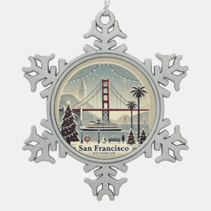 San Francisco Weihnachten - Golden Gate Bridge Schneeflocken Zinn-Ornament