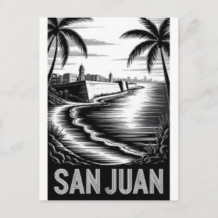 San Juan Puerto Rico Schwarz Weiß Holzschnitt Postkarte