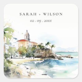 San Juan Puerto Rico Watercolor Landscape Wedding Quadratischer Aufkleber