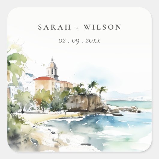 San Juan Puerto Rico Watercolor Landscape Wedding Quadratischer Aufkleber (Vorderseite)