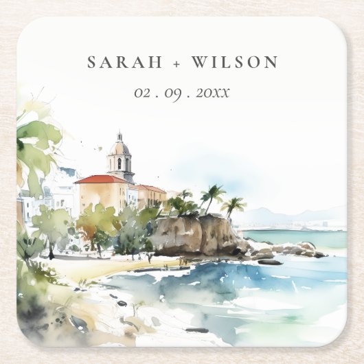 San Juan Puerto Rico Watercolor Landscape Wedding Rechteckiger Pappuntersetzer (Vorderseite)
