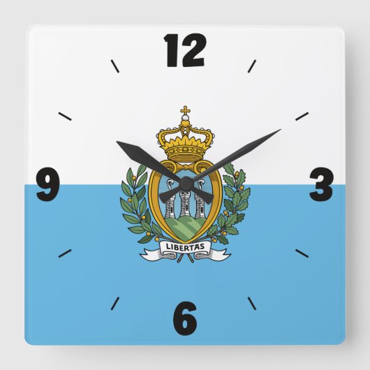 San Marino Flag Numbers Blue White Coat Of Arms Quadratische Wanduhr (Vorderseite)