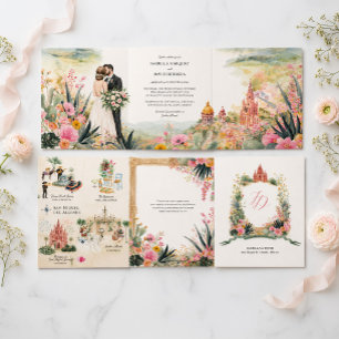 San Miguel de Allende Aquarell-Hochzeit Dreifach Gefaltete Einladung