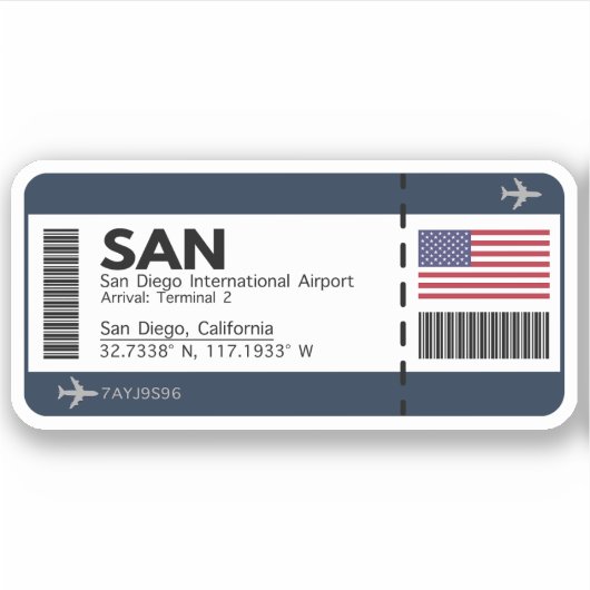 SAN San Diego Boarding Pass - California Ticket Aufkleber (Vorderseite)