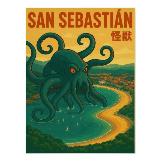 San Sebastian Octopus Attack Vintage Travel Poster (Vorderseite)