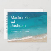 Sand Beach Türkis Water Beach Hochzeit Rett Datum Ankündigungspostkarte (Vorne/Hinten)