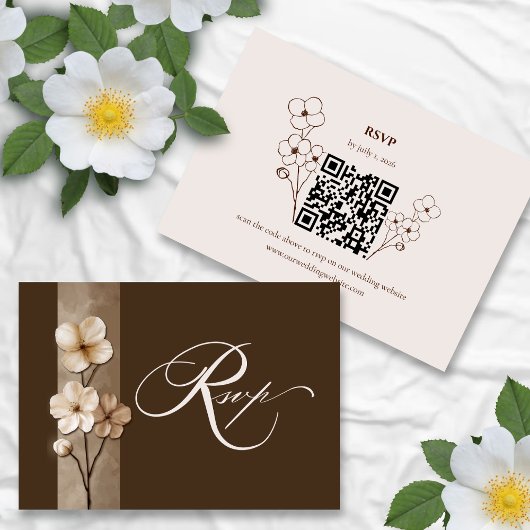 Sand Beige Hand Drawn Floral QR Code RSVP Karte