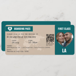 Sand Beige & Ocean Teal Boarding Pass Wedding Einladung