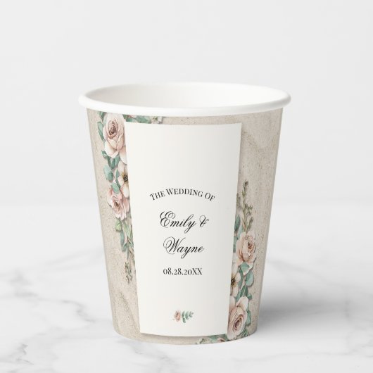 Sand-Beige-Sagegrüne Florale Hochzeit Pappbecher (Vorderseite)