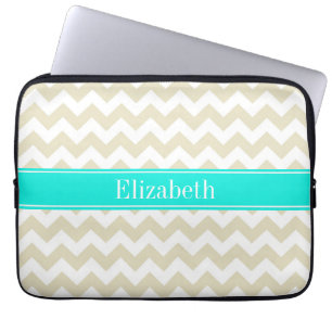 Sand Beige White Zickzack Bright Aqua Name Monogra Laptopschutzhülle