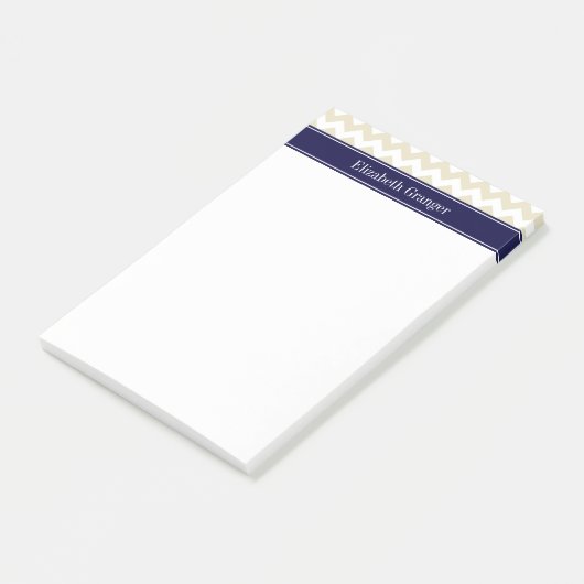 Sand Beige White Zickzack Navy Blue Name Monogram Post-it Klebezettel (angewinkelt)