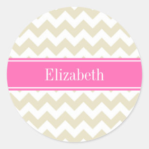 Sand Beige Zickzack, heiße Rosa #2 Name Monogram Runder Aufkleber