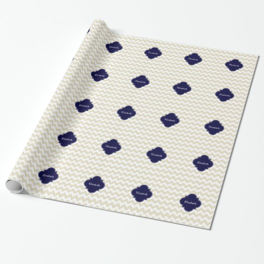 Sand Beige Zickzack Navy Quatrefolionmonogramm Geschenkpapier (Ungerollt)