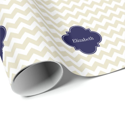 Sand Beige Zickzack Navy Quatrefolionmonogramm Geschenkpapier (Rolleneckpunkt)