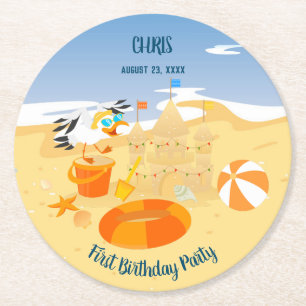 Sand Burg Beach Spaß Baby Geburtstagsparty Runder Pappuntersetzer