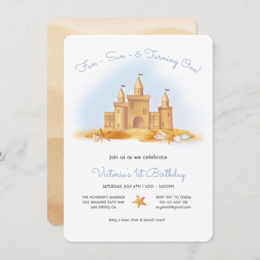 Sand Castle Beach Geburtstagsparty Einladung (Vorne/Hinten)
