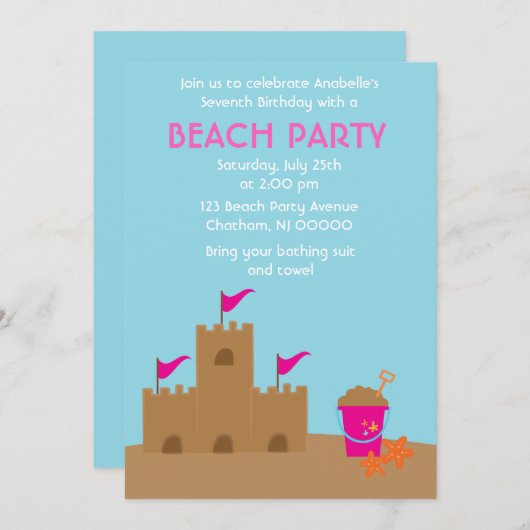 Sand Castle Beach und Summer Birthday Party Einladung (Vorne/Hinten)