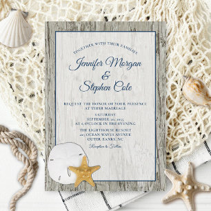 Sand Dollar and Starfish Rustic Driftwood Wedding Einladung