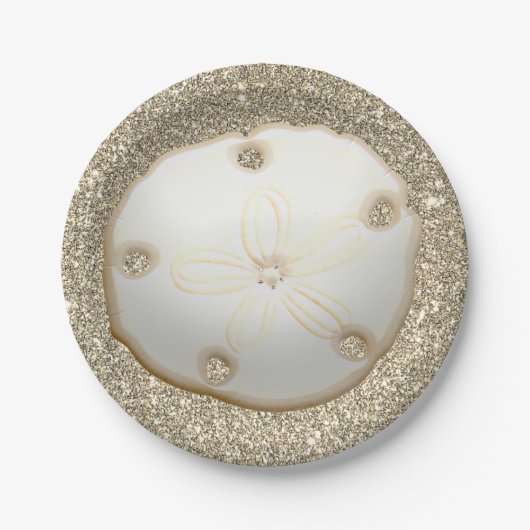 Sand Dollar auf funkelnd goldfarbenem Sandstrand Pappteller (Vorderseite)