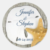 Sand Dollar Beach Driftwood Rustic Wedding Classic Runder Aufkleber (Vorderseite)