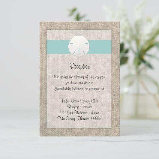 Sand Dollar Beach Wedding Empfang Card Begleitkarte (Stehend Vorderseite)