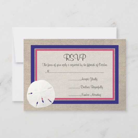 Sand Dollar Beach Wedding RSVP card - Melon Navy (Vorderseite)