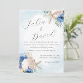 Sand Dollar Blue Floral Beach Einladung Hochzeitsf (Stehend Vorderseite)