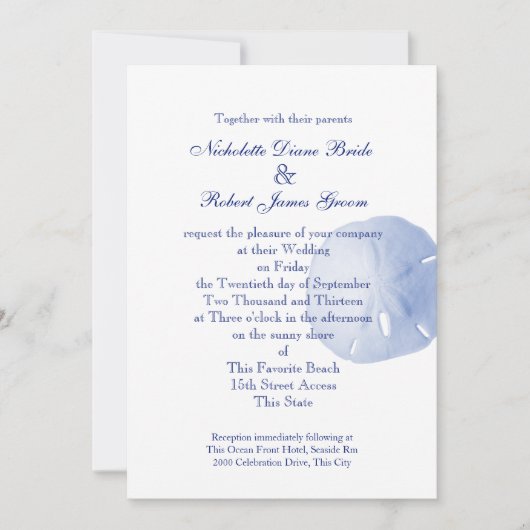 Sand Dollar Blue Wedding Einladung (Vorderseite)