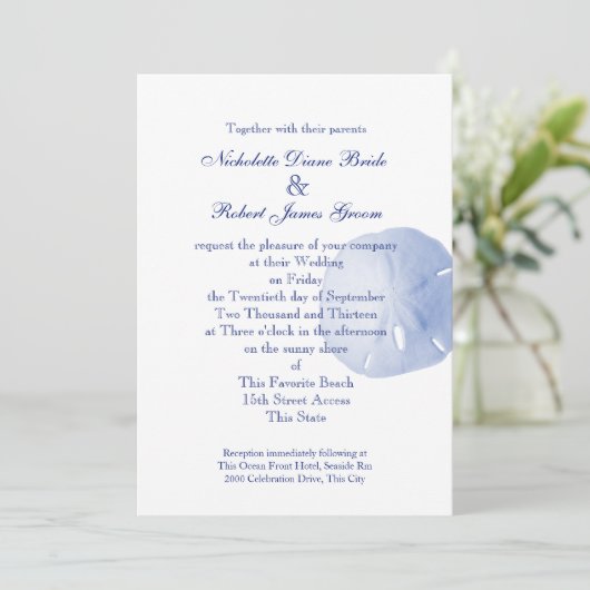 Sand Dollar Blue Wedding Einladung (Stehend Vorderseite)