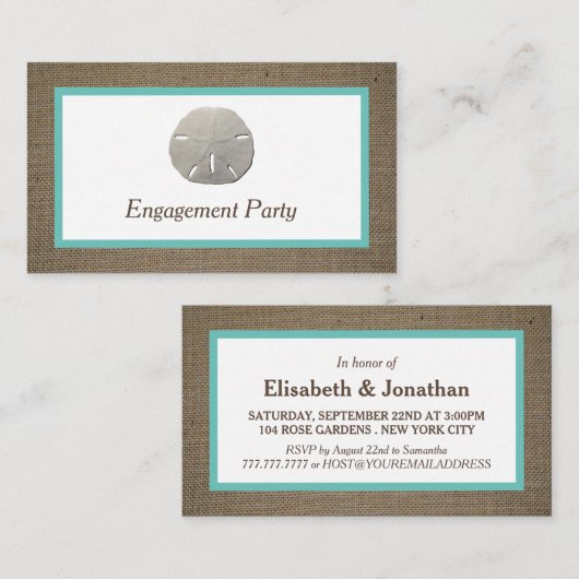 Sand Dollar & Burlap Engagement Party Ticket (Vorne/Hinten)