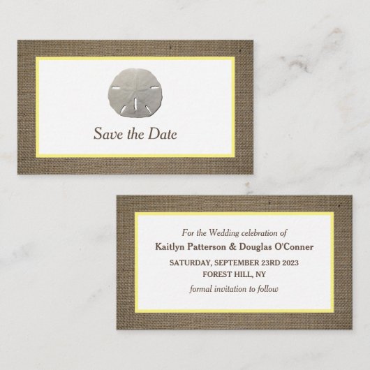 Sand Dollar & Burlap Save the Date Card Visitenkarte (Vorne/Hinten)