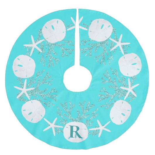 Sand Dollar Christmas Aqua Blue Monogram Polyester Weihnachtsbaumdecke (Vorderseite)