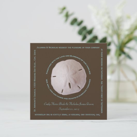 Sand Dollar Cube Text Design Wedding Einladung (Stehend Vorderseite)