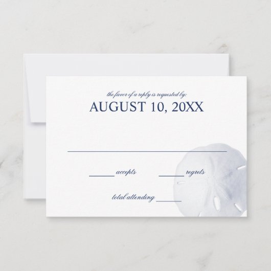 Sand Dollar Navy Blue Wedding RSVP Karte (Vorderseite)