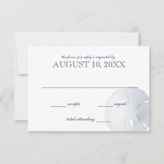 Sand Dollar Navy Blue Wedding RSVP Karte (Vorderseite)