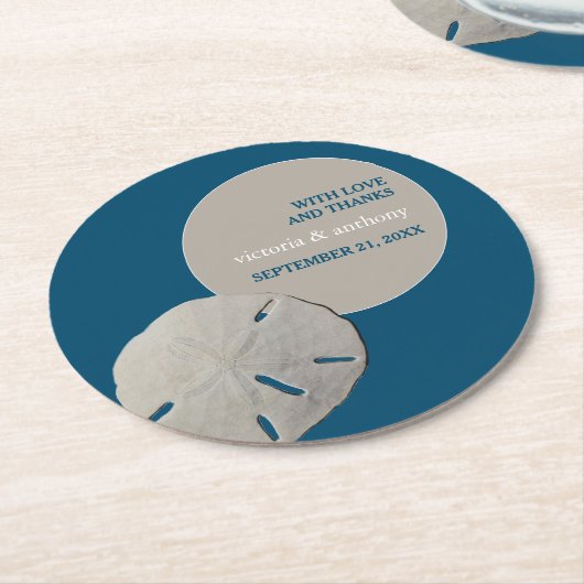 Sand Dollar, Ocean Blue Beach Hochzeit Runder Pappuntersetzer (Angewinkelt)