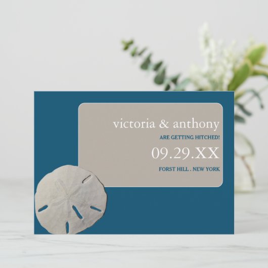 Sand-Dollar Ocean Blue Beach Hochzeit Save the Dat Save The Date (Stehend Vorderseite)