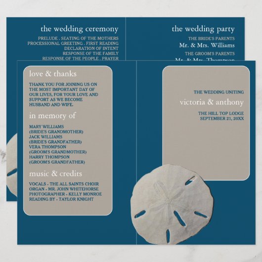 Sand Dollar, Ocean Blue Beach Hochzeitsprogramm (Vorne/Hinten)