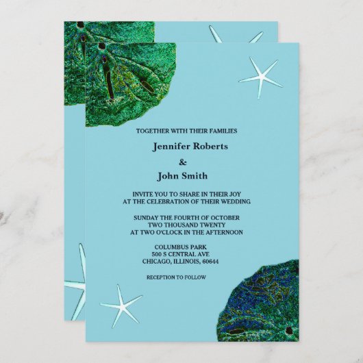 Sand Dollar Sanddollar Beach Starfish Blue Wedding Einladung (Vorne/Hinten)