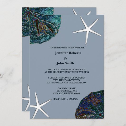 Sand Dollar Seashell Art Dusty Blue Beach Hochzeit Einladung (Vorne/Hinten)