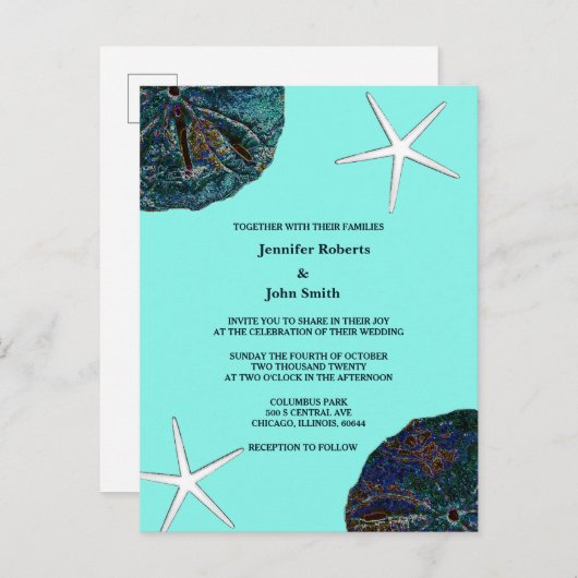 Sand Dollar Seashells Aquamariner Abstrakter Stran Einladungspostkarte (Vorne/Hinten)