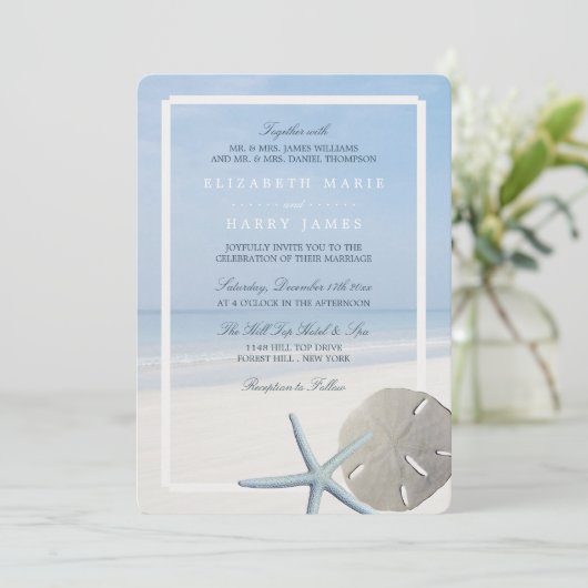 Sand Dollar und Starfish Beach Hochzeit Einladung (Stehend Vorderseite)
