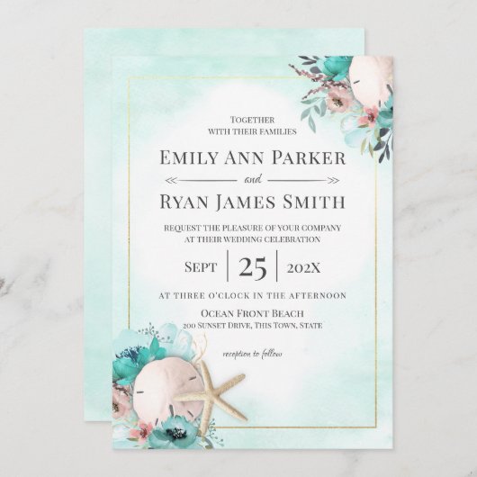 Sand Dollar und Starfish Seaglass Blumenstrände Einladung (Vorne/Hinten)