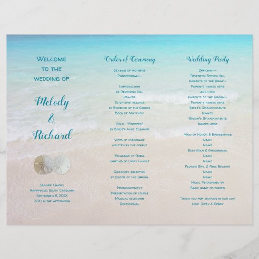 Sand Dollars Beach Scene Tri-Fold Hochzeitsprogram (Vorderseite)