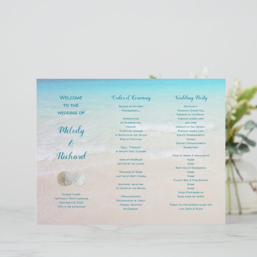 Sand Dollars Beach Scene Tri-Fold Hochzeitsprogram (Stehend Vorderseite)