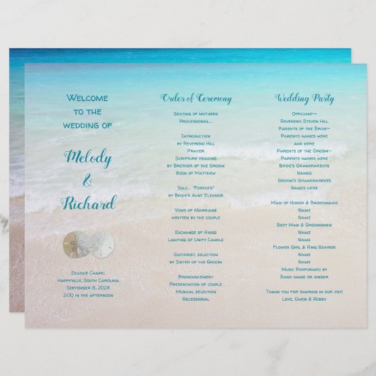 Sand Dollars Beach Scene Tri-Fold Hochzeitsprogram (Vorne/Hinten)